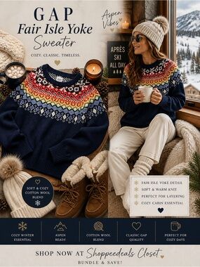 GAP Fair Isle Yoke Tapestry Sweater Navy Cozy Knit Pullover